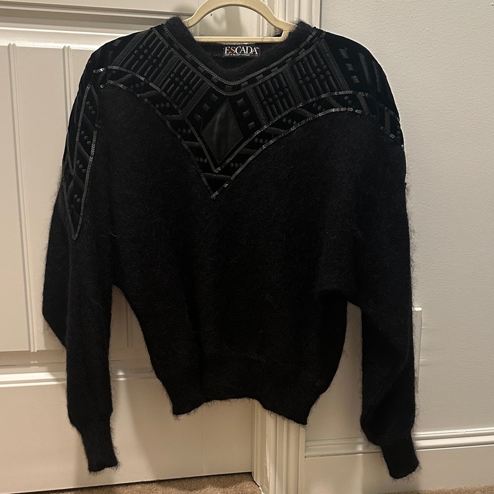 Escada Black V-Neck Sweater with Geometric Design